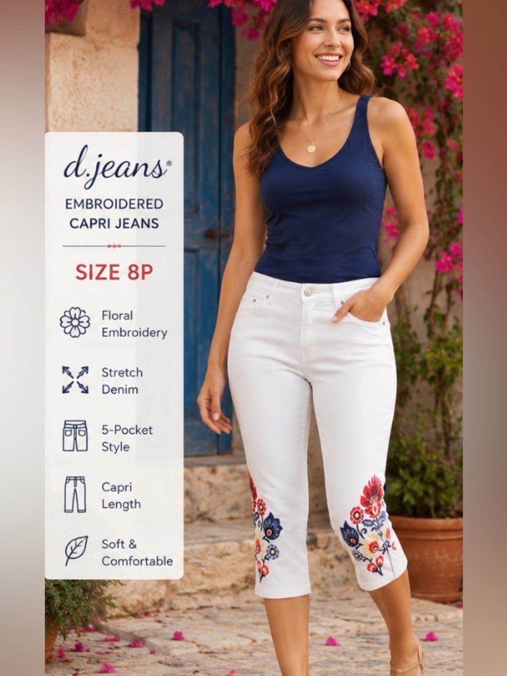 d.jeans White Embroidered Capri Jeans Size 8P Boho Floral Stretch Crop Pants